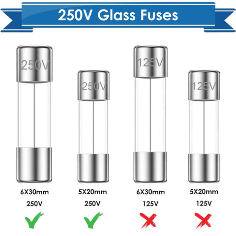 Heavy Duty Inline Fuse Holders And Fast Blow Glass Fuses Assorted Pack With 5x20mm And 6x30mm Ranges showcasing 250V and 125V glass fuses.