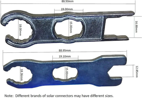 Solar Panel Connector Tool Kit For MC4 Crimping And Disconnecting, showing two metal spanner wrenches with measurements.
