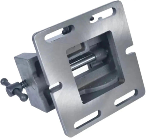 Heavy Duty 4 Inch Precision Milling Vise With Tilting Guide Rod And Adjustable Angle Bench Clamp For Metalworking Jobs And Surface Grinder Work Dead On Accuracy, close-up view of solid steel construction.