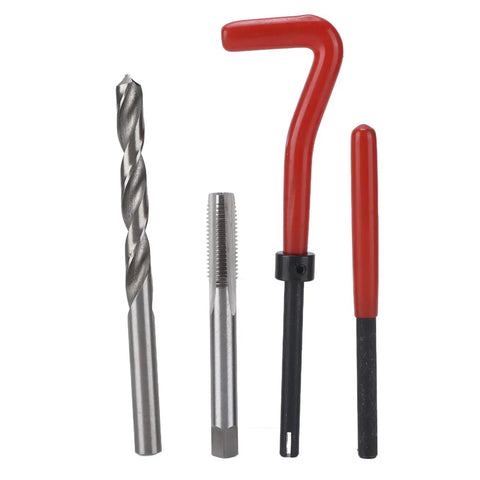 Thread Repair Kit M8x1 25mm Complete Set With Drill Bit, 20 Inserts, Hex Wrench, And Extra Pro Grade Tools For Quick And Easy Thread Repairs In Metal, Plastic, And Aluminum Surfaces. Drill bit, tap, and red installation tools