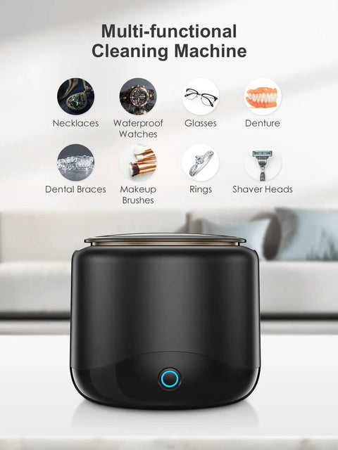 Deep Clean Ultrasonic Retainer Cleaner All In One 45kHz Power For Dentures Mouth Guards Aligners Braces Toothbrush Heads And Jewelry 230ml Cleaning Pod With Three Modes And Digital Timer displayed with items it can clean.