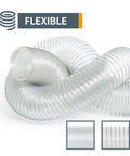 4 Inch Anti Static Dust Collection Hose 10 Feet Flexible PVC For Table Saw Band Saw Planer Jointer Woodworking And Garage Dust System Pro Grade Ultra Lite Spiral Hose With Steel Spring displayed in spiral shape with flexible feature illustration