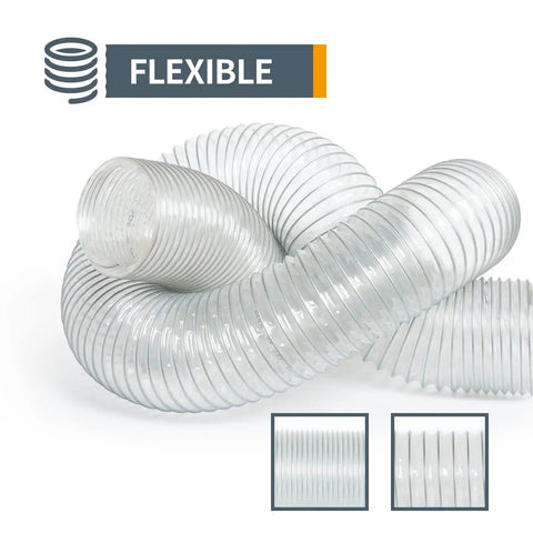4 Inch Anti Static Dust Collection Hose 10 Feet Flexible PVC For Table Saw Band Saw Planer Jointer Woodworking And Garage Dust System Pro Grade Ultra Lite Spiral Hose With Steel Spring displayed in spiral shape with flexible feature illustration