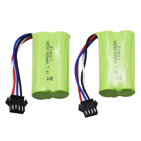 Two Pack 7.4V 2S 600mAh Li Ion Rechargeable Battery With SM-4P Plug And Charger Cable For Water Bead Blasters And DE85 RC Cars