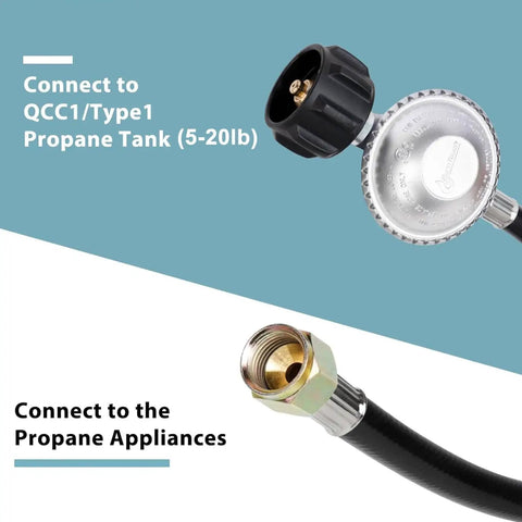 Propane Regulator And Hose 2 Ft With Three Eighths Inch Female Flare Replacement Grill Part Fit For Weber Spirit Genesis Blackstone Griddles Patio Heaters Fire Pits And More, showing QCC1 connector and hose end.