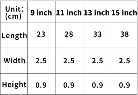 Size chart showing dimensions in CM for drawer slides: length, width, and height for multiple sizes, including 11 inch.