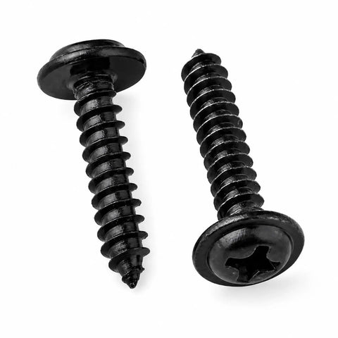 Fifty Piece Black Oxide Phillips Wafer Head Self Tapping Screws For Plastics And Electronics displayed with coarse threads and wide heads.