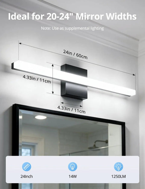 Image of a 24 Inch Black Vanity Light For Bathroom Mirror LED Wall Bar Fixture 14W 1250LM Cool White 6000K, mounted over a mirror.