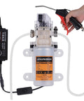 Heavy Duty 110V Electric Wine Transfer Pump With Smart Auto Start Stop Flow Control And Food Grade Filler Gun Plus Rugged PVC Hose For Wine Brew Car Urea And Pantry Oils Zero Fiddle Just Pour with power adapter and nozzle.