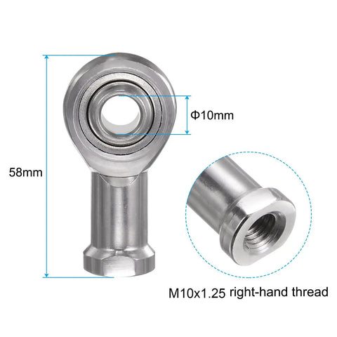 Hardcore M10 Rod End Bearing With Female Right Hand Thread Stainless Steel Build Includes Slick Jam Nut Drop Dead Accurate And Corrosion Proof For Heavy Load Auto And Truck Rigs showing M10x1.25 female thread and dimensions.