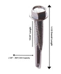 Self Drilling Tek Screws With Hex Washer Head For Attaching Sheet Metal To Steel Zinc Plated Steel Size 12 24 By 1.5 Inch Pack Of 250 Built Tough For Metal To Metal, close-up of single screw showing dimensions with arrows