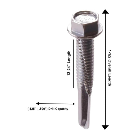 Self Drilling Tek Screws With Hex Washer Head For Attaching Sheet Metal To Steel Zinc Plated Steel Size 12 24 By 1.5 Inch Pack Of 250 Built Tough For Metal To Metal, close-up of single screw showing dimensions with arrows