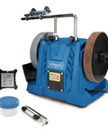 Heavy Duty Workhorse 150W Water Cooled Bench Sharpener With A Rugged Induction Motor And Slick Polishing Paste Kit For Flawless Blade Tuning And Dead Easy Angle Adjustments on a workstation with grinding stones and accessories.