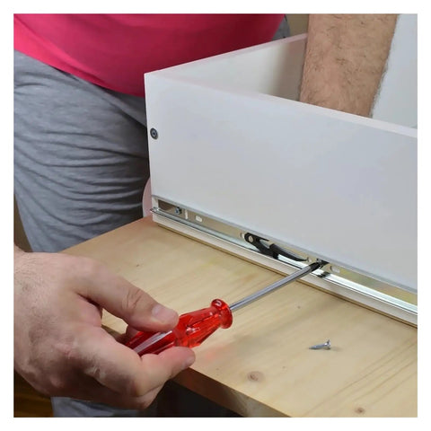Installing Side-Mounted Ball Bearing Drawer Slides 1 Pair Full Extension Heavy Duty Cold Rolled Steel Cabinet Hardware with screwdriver.