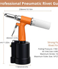 Pneumatic Rivet Gun With 500 Rivets And 5 Nosepieces, featuring dimensions and pulling pressure, showing right side view.
