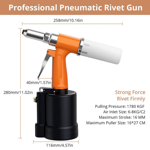 Pneumatic Rivet Gun With 500 Rivets And 5 Nosepieces, featuring dimensions and pulling pressure, showing right side view.