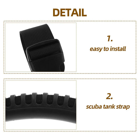 Close-up of adjustable scuba tank carry strap with handle for secure transport black tank retainer band shown in detail