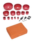 Pro Bi Metal Hole Saw Kit With 13 Sizes Plus Drill Bit, Hex Wrench And Opener For Cutting Soft Wood Plywood PVC Sheets Smoothly Today. Hole saw kit set with 13 red sizes, pilot bit, wrench, plate and case