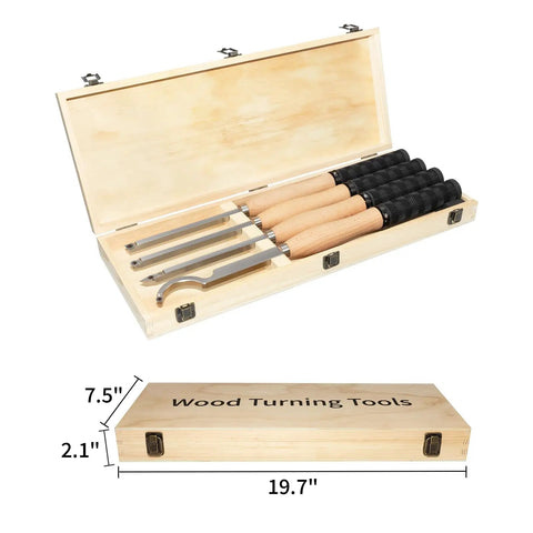 Do-It-All Carbide Tipped Wood Lathe Turning Tool Set With Rubber Handles displayed in wooden case, 8 indexable tools
