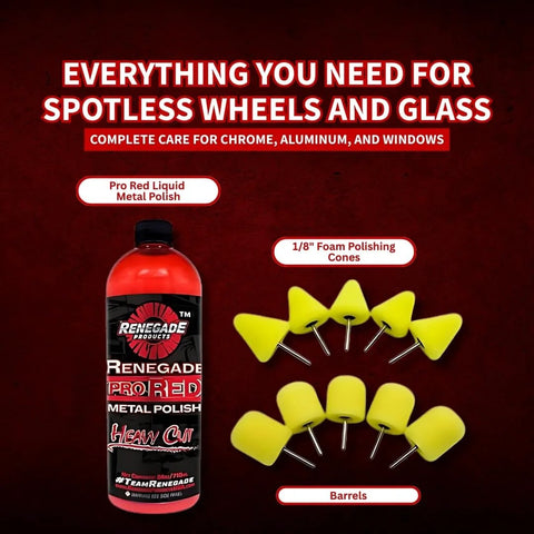 Renegade Pro Red Metal Polish bottle with 1/8-inch foam polishing cones and barrels drill attachment kit