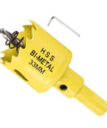 Beefy Bi Metal Hole Saw One And Five Sixteenths Inch M42 HSS Circular Head With Center Drill Bit, yellow tool with hex key