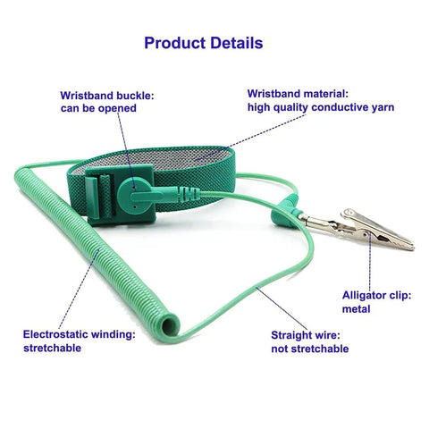 Pro Grade Anti Static Wrist Strap With Grounding Cord, ESD Wristband, 9.8 Feet Coiled Cable displayed with open buckle and alligator clip