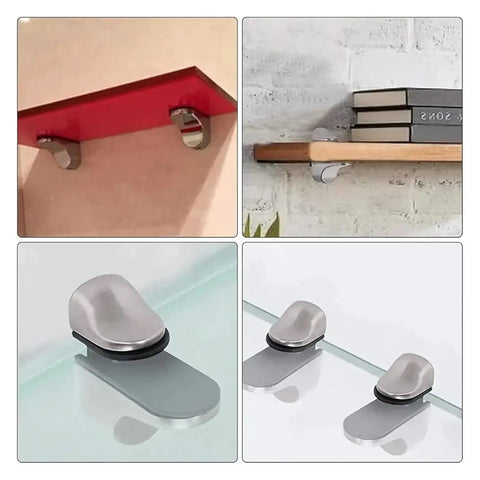 4 Pack Adjustable Wood And Glass Shelf Brackets With Wall Mount, Anti Slip Floating Clamp Clips shown on glass and wood shelves
