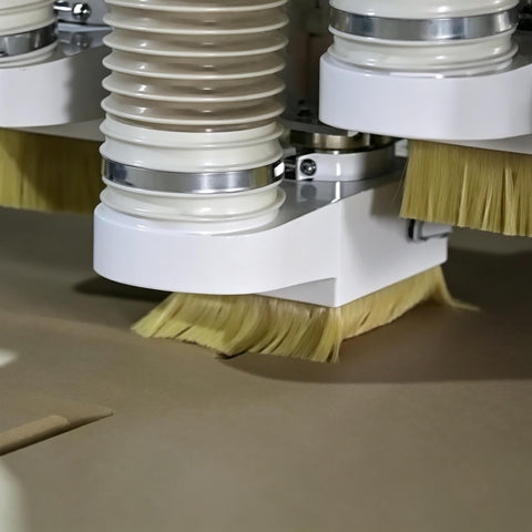 Close-up of the tough spindle dust shoe with auto adjusting clamp, designed to keep your CNC shop sweat free.