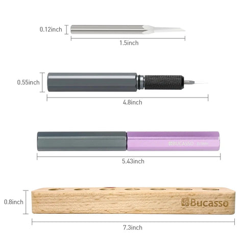 Pro Grade 7 Piece Tungsten Steel Scribing Tool Set With Wooden Stand for Model Makers, showing scribe sizes and dimensions.