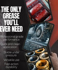 Image collage showing Red N Tacky Grease application on bearings and wheel, highlighting its reliability and versatility.
