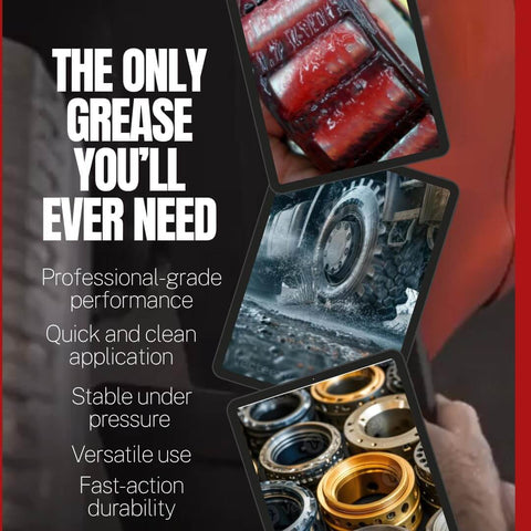 Image collage showing Red N Tacky Grease application on bearings and wheel, highlighting its reliability and versatility.