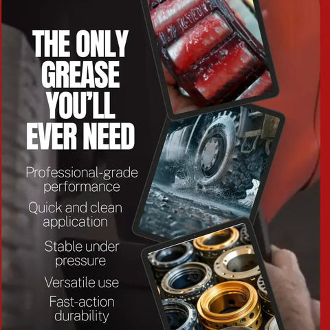 Collage of the Beefy Heavy Duty Lithium Complex Grease Six Pack 1 Lb Tubes Waterproof and Heat Stable All Weather Protection