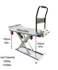 Powerhouse Electric Lift Table Cart With Hydraulic Motorized Platform Handles 1100 Lbs Heavy Loads, dimensions showing 140cm x 75cm.