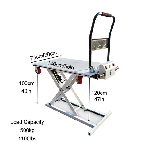 Powerhouse Electric Lift Table Cart With Hydraulic Motorized Platform Handles 1100 Lbs Heavy Loads, dimensions showing 140cm x 75cm.