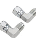 Heavy Duty 3/8 Inch 90 Degree Hydraulic Adapter Fitting Carbon Steel Precision 37 Degree Flare Male Female Thread SAE J514 Compliant Rotating Connection For Pro Mechanics And Car Guys Seeking Reliable Leak Free Operation With Durable Metal Built Tough. shown in two angles