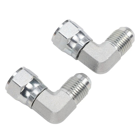 Heavy Duty 3/8 Inch 90 Degree Hydraulic Adapter Fitting Carbon Steel Precision 37 Degree Flare Male Female Thread SAE J514 Compliant Rotating Connection For Pro Mechanics And Car Guys Seeking Reliable Leak Free Operation With Durable Metal Built Tough. shown in two angles