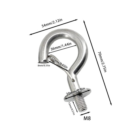Heavy Duty Stainless Steel M8 And M10 Storage Hooks 4 Pack Rustproof S Clasps for hanging gym gear, 54mm size with measurements.