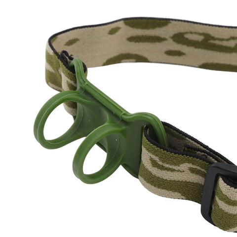 Close-up of All Day Comfort Universal Adjustable Headlamp Strap For 22 To 32mm Torches in camo pattern with quick release buckle