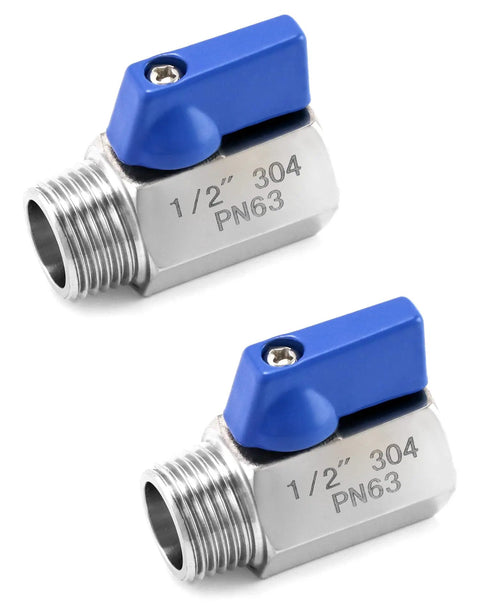 Two Pack One Half Inch NPT Stainless Steel Ball Valve Set With Male To Male Threads Shut Off Mini Ball Valves on white background