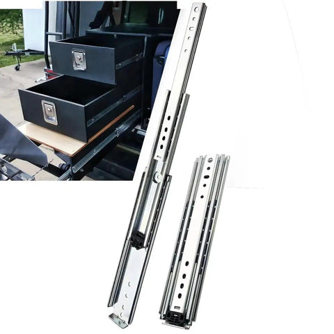 Built Tough Heavy Duty Full Extension Side Mount Drawer Slides With Ball Bearings That Glide Smooth As Butter And Snap Together For Hassle Free Cabinet Installation 1 Pair 46 Inch displayed with drawers.