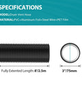 Image showing specifications of a 3 Inch Flexible Aluminum Dryer Vent Hose 8 Feet Long With Three Layer Protection and Two Clamps.
