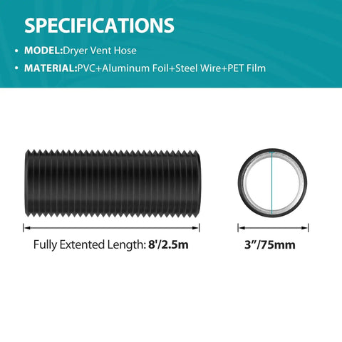 Image showing specifications of a 3 Inch Flexible Aluminum Dryer Vent Hose 8 Feet Long With Three Layer Protection and Two Clamps.