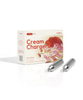 Box and two silver capsules of 8G Whipped Cream Chargers 10 Pack Pro Grade Food Grade Culinary Gas Odorless For Professional Cafes And Dessert Shops Universal Refills That Fit Major Cream Makers.