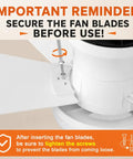 Close-up of installation instruction for 35 Inch Flush Mount Ceiling Fan With Led Light And Remote Control, highlighting blade screw tightening.