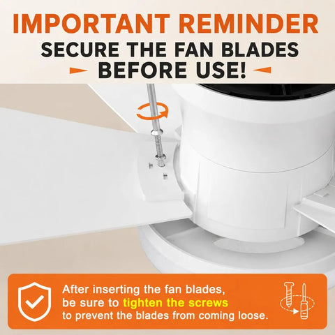 Close-up of installation instruction for 35 Inch Flush Mount Ceiling Fan With Led Light And Remote Control, highlighting blade screw tightening.