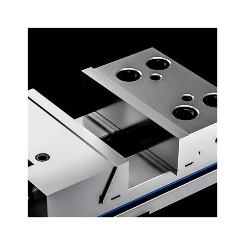 Close-up of Dang Tough 7 Inch Bench Vise For Heavy Duty CNC Milling showing precision flat jaws and mounting holes.