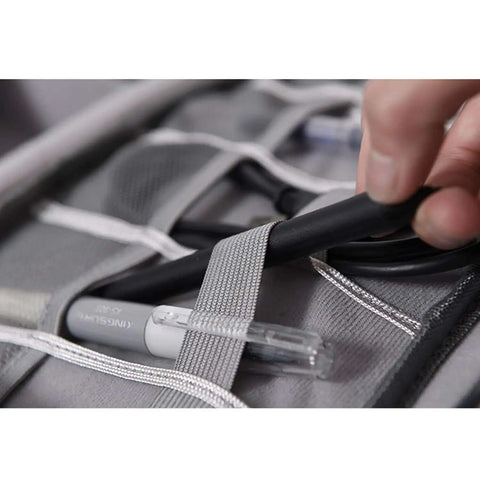 Hella Organized Travel Case For Small Electronics And Usb Charging Gear Including Phone Cables Mouse Sd Cards Power Bank Earphone Bag featuring organized cables and a pen in grey mesh.