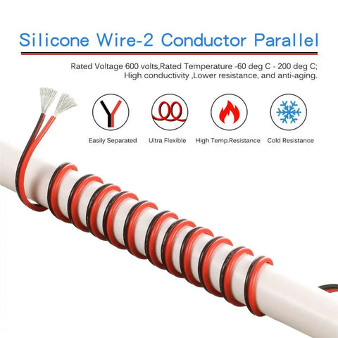 14 Gauge Flexible 2 Conductor Silicone Wire Spool Red Black Parallel For LED Strip Extension Cable 600V 200 C Temp 100ft Tinned Copper
