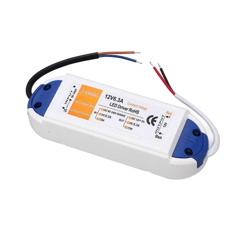 LED Driver 6.3A 72W Power Supply Transformer 90 240V AC To 12V DC For LED Strips Bulbs Computer Projects Industrial Outdoor Lighting Applications Pro Grade High Power Reliable Converter For Home Garage Workshop, white plastic unit with wires
