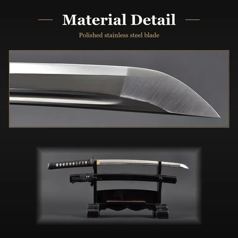 Wakizashi Iaito Training Sword For Iaido Practice Unsharpened Stainless Steel Blade With Fuller Groove on display stand